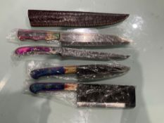 ( 4 ) UNUSED HANDMADE DAMASCUS KNIVES , ASSORTED SIZES AND COLORS, STEEL AND HANDMADE DAMASCUS
