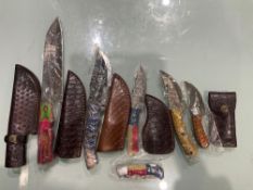 ( 6 ) UNUSED HANDMADE DAMASCUS KNIVES , ASSORTED SIZES AND COLORS, STEEL AND HANDMADE DAMASCUS