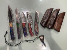 ( 6 ) UNUSED HANDMADE DAMASCUS KNIVES , ASSORTED SIZES AND COLORS, STEEL AND HANDMADE DAMASCUS