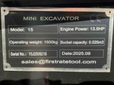 UNUSED 2025 MIVA MINI EXCAVATOR MODEL VA15; GAS POWERED; RUBBER TRACKS, BUCKET WITH TEETH & THUMB...