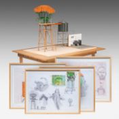 Dirk Zoete (1969), 'Wonen in een hoofd' maquette with 4 original framed design drawings on paper, H