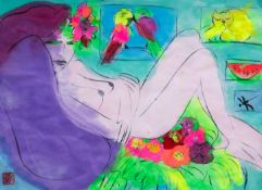 Walasse Ting (1928-2010), untitled, Woman with Cat and Parrots, watercolour and ink on paper (+) 23