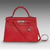 A Hermes Kelly 32 Chevre de Coromandel sellier handbag with palladium CK hardware 23 x 32 x 12 cm. (