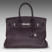 A Hermes Birkin 35 Raisin veau togo handbag with CK hardware 25 x 35 x 17 cm. (9.83 x 13.77 x 6.6
