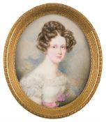 Moritz Michael Daffinger: Bildnis einer Dame in weißem Kleid und rosa Rose