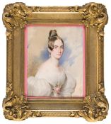 Carl von Saar: Bildnis einer jungen Dame in weißem Kleid mit Rose am Gürtel