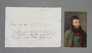 Andreas Hofer: Eigh. Schriftstück m. U. als Oberstkommandant v. Tirol, 1 Postkarte m. Porträt