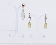 Paar Ohrhänger und Anhänger, 3 Lemoncitrine, Brioletteschliff, kleine Brillianten, ca. 17.68 g, Anh