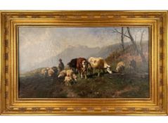 Christian Mali (1832-1906) - Junger Bauer mit Kühen und Schafen 1891