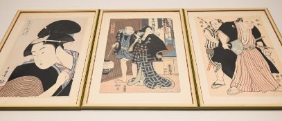3 Moderne Reproduktionen von spät-Edo-Zeit Holzschnitten, 20. Jh.