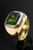 Schwerer Gelbgold 750 Bandring mit grünem Verdelith Turmalin (ca. 6.64ct) in Weißgold Rahmung, Brah