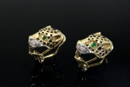Paar Gelbgold 585 Panther Ohrstecker mit Brillanten (zus. ca. 0.10ct/VSI/W), Smaragden, schwarzen E