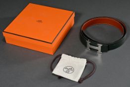Hermès Wendegürtel "Constance", moosgrünes/rotbraunes Box-Kalbsleder mit "H"-Schließe in Weißmetall