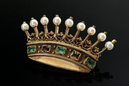 Rotgold 585 Nadel "Neunzackige Grafen Krone" mit Granat, Smaragden und Perlen (vermutlich Naturperl
