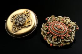 2 Diverse Nadeln: antike österreichisch-ungarische Silber Nadel mit Saatperlen und Korallencabochon