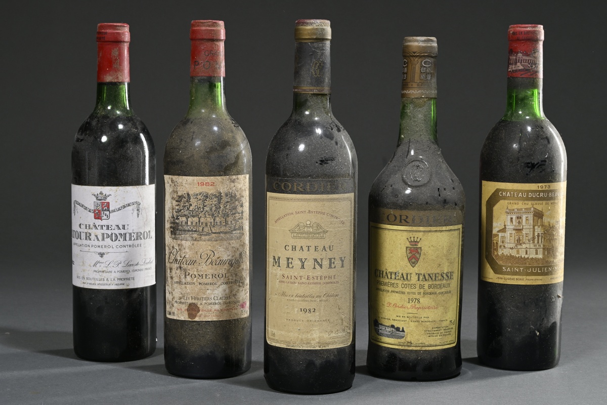 5 assorted bottles of red wine, France, Bordeaux: 1x Château La Tour à Pomerol, 1982, 0.75l, 1x Châ