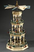 Dreistöckige Erzgebirge Stufen-Pyramide mit 8 Kerzentüllen und Figuren der Heiligen Familie, Heilig
