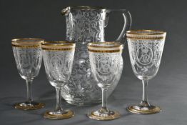5 Diverse Teile Historismus Glas mit floralem Schliffdekor und Goldrand: Karaffe (H. 22cm) und 4 di