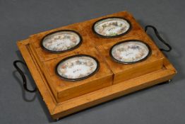 Biedermeier Spielchips-Set mit 115 bunten Chips in 4 Kästchen auf Tablett, Obstholz mit Blütentondi