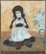 Faller, Rüdiger, (1942-2022), " trauriges Mädchen mit Silberdistel  und angedeutetem Herz ", Öl auf
