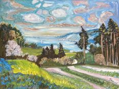 Faller, Rüdiger (1942-2022), "Blick von einer Anhöhe hinter Hemmenhofen auf den Untersee und das Sc