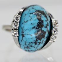 Ring with turquoise cabochon and 6 brilliant-cut diamonds, total approx. 0.3 ct, 1970s