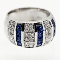 Wide, solid ring with 12 carré-cut sapphires and 48 melee brilliant-cut diamonds, total approx. 0.7