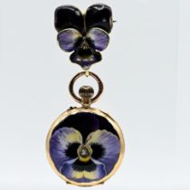 Jewellery pocket watch attached to a small brooch, pansy motif with polychrome enamel and 2 small r
