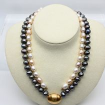 Grey and cream-pink freshwater pearl necklaces with gold clasp, 21st century