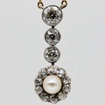 Pendant with natural pearl and 13 old-cut diamonds, Art Déco on later necklace chain