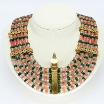 Multi-row necklace in Aztec style with jade, carnelian, rock crystal and bronze elements, 20th cent