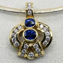 Gold necklace and pendant clip with 2 sapphires and 13 brilliant-cut diamonds, 1990s