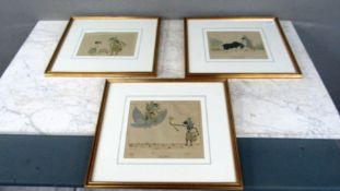 3 asiatische Grafiken coloriert hinter