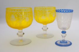 3 Gläser, Böhmen/ 1 Paar gelb und 1 Glas blau überfangen, Böhmen, 19./ 20.Jh.