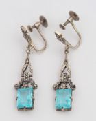 Paar Ohrhänger mit aquamarinblauem Stein und Markasiten, 900er Silber, Jugendstil, um 1900