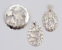 Brosche, Hans Przyrembel (1900-1945, Halle) und 2 Anhänger, Handarbeit, 835er und 900er Silber