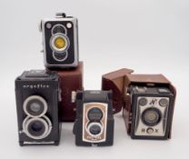 Konvolut 4 Boxkameras, u. a. Box-Tengor II,  Ful-Vue Super, 1940er/1950er Jahre