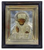 Heiliger Nikolaus der Wundertäter, Ikone mit silberner Riza im Kiot, von Grigorij Michajlowitsch Sb