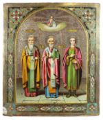 Patronatsikone Christus und drei Heilige, Russland, um 1900, Holztafel mit zwei Stirnseiten-Sponki,
