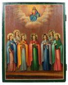 Patronatsikone mit Christus und sieben Märtyrerinnen, Russland, 19. Jh., Holztafel aus zwei Teilen 