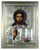Christos Pantokrator, Ikone mit Messing-Oklad, Russland, 19. Jh., Tempera auf Kreidegrund auf Holzt