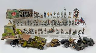 Konvolut Militär-Spielfiguren und -zubehör, 92-tlg., bestehend aus: 82 Soldaten, teils mit der Mark