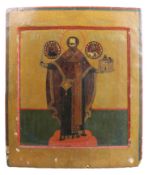 Der Heilige Nikolaus der Wundertäter von Mozhaisk, Ikone, Russland, 19. Jh., Holztafel mit zwei Rüc