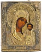 Ikone mit Messingoklat "Madonna mit Kind", Russland 19. Jh.