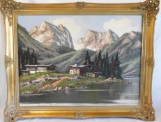 J. Hofbauer (20. Jh.) Gebirgssee mit Berghütte