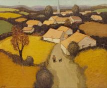 Man with dog walking into village