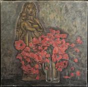 Mother with child in front of red flowers.