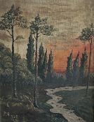 River landscape with trees at sunset.