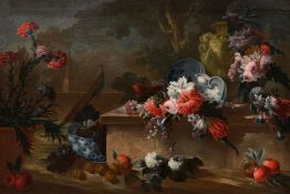 Gasparo LOPEZ DEI FIORI (1650–1732). Still Life with Flowers, Fruit, a Peacock, an Obelisk, and a