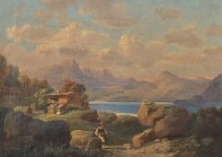 Alpenländische Landschaftszene mit Bauernhaus und Personenstaffage. 19. Jahrhundert.